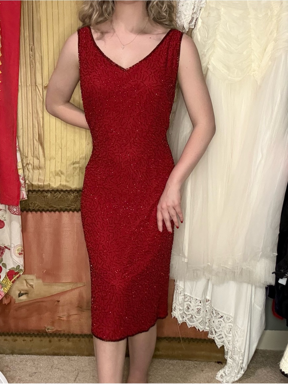 Y2K Red Beaded V-Neck Midi Dress